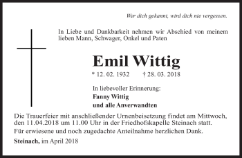 Traueranzeige von Emil Wittig von Südthüringer Presse