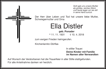 Traueranzeige von Ella Distler von Frankenpost