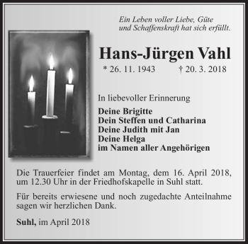 Traueranzeige von Hans-Jürgen Vahl von Südthüringer Presse
