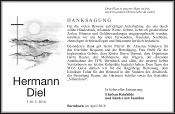 Traueranzeige von Hermann Diel von Südthüringer Presse