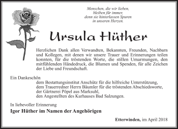 Traueranzeige von Ursula Hüther von Südthüringer Presse