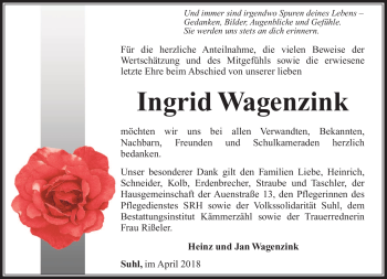 Traueranzeige von Ingrid Wagenzink von Südthüringer Presse