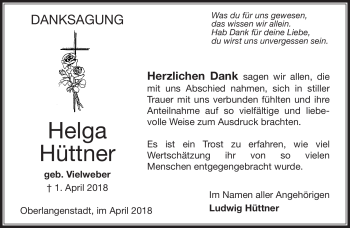 Traueranzeige von Helga Hüttner von Neue Presse Coburg