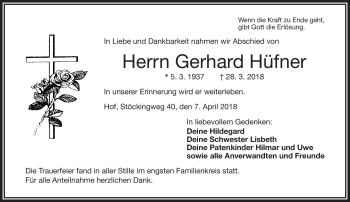 Traueranzeige von Gerhard Hüfner von Frankenpost