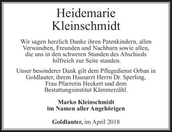 Traueranzeige von Heidemarie Kleinschmidt von Südthüringer Presse