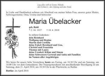 Traueranzeige von Maria Übelacker von Südthüringer Presse