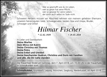 Traueranzeige von Hilmar Fischer von Südthüringer Presse