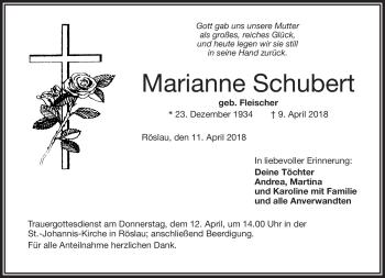 Traueranzeige von Marianne Schubert von Frankenpost