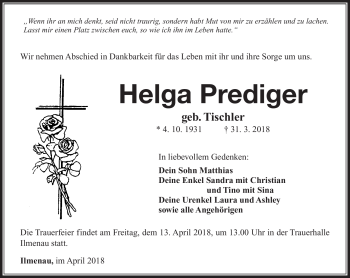 Traueranzeige von Helga Prediger von Südthüringer Presse