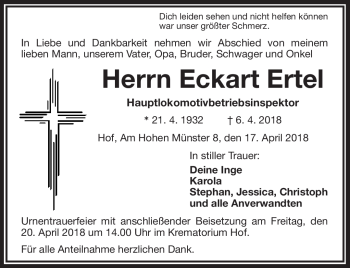 Traueranzeige von Eckart Ertel von Frankenpost