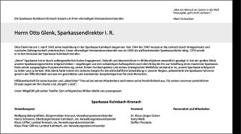 Traueranzeige von Otto Glenk von Frankenpost