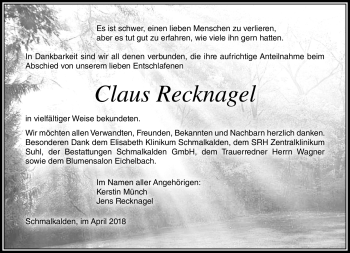 Traueranzeige von Claus Recknagel von Südthüringer Presse
