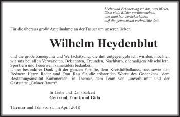 Traueranzeige von Wilhelm Heydenblut von Südthüringer Presse
