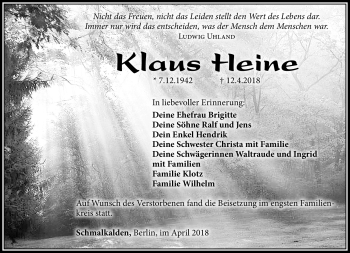 Traueranzeige von Klaus Heine von Südthüringer Presse