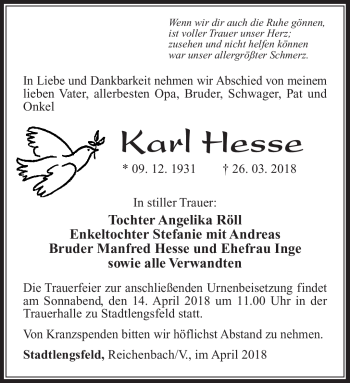 Traueranzeige von Karl Hesse von Südthüringer Presse