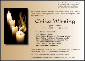 Traueranzeige von Erika Wirsing von Südthüringer Presse