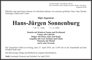 Traueranzeige von Hans-Jürgen Sonnenburg von Südthüringer Presse