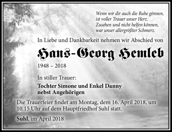 Traueranzeige von Hans-Georg Hemleb von Südthüringer Presse