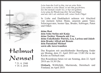 Traueranzeige von Helmut Nensel von Südthüringer Presse