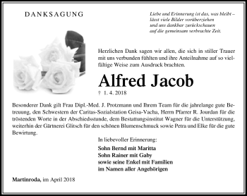 Traueranzeige von Alfred Jacob von Südthüringer Presse