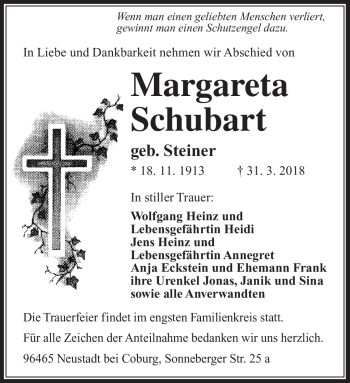 Traueranzeige von Margareta Schubart von Südthüringer Presse
