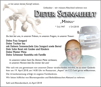 Traueranzeige von Dieter Schnaubelt von Südthüringer Presse