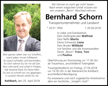 Traueranzeige von Bernhard Schorn von Neue Presse Coburg