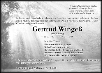 Traueranzeige von Gertrud Wingeß von Südthüringer Presse