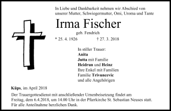 Traueranzeige von Irma Fischer von Neue Presse Coburg