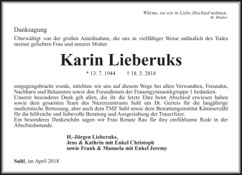 Traueranzeige von Karin Lieberuks von Südthüringer Presse