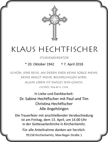 Traueranzeige von Klaus Hechtfischer von Frankenpost