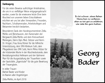 Traueranzeige von Georg Bader von Südthüringer Presse