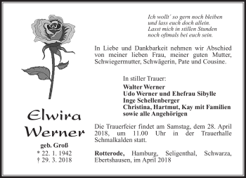 Traueranzeige von Elwira Werner von Südthüringer Presse