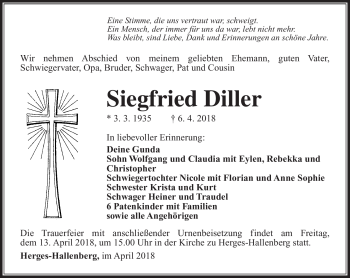 Traueranzeige von Siegried Diller von Südthüringer Presse