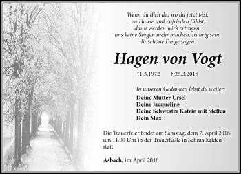 Traueranzeige von Hagen von Vogt von Südthüringer Presse