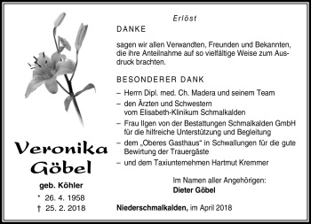 Traueranzeige von Veronika Göbel von Südthüringer Presse