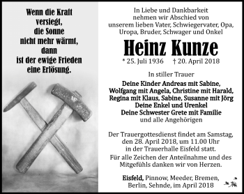 Traueranzeige von Heinz Kunze von Südthüringer Presse