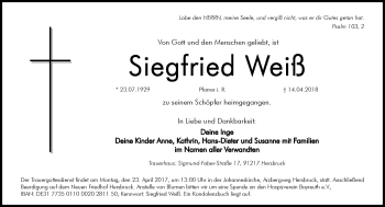 Traueranzeige von Siegfried Weiß von Frankenpost