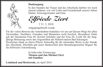 Traueranzeige von Elfriede Ziert von Südthüringer Presse
