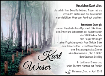 Traueranzeige von Kurt Weser von Südthüringer Presse