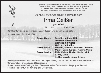 Traueranzeige von Irma Geißler von Frankenpost