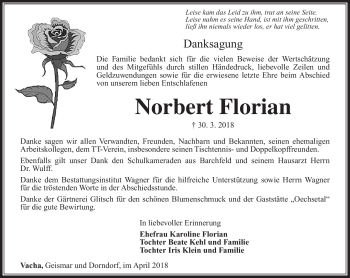 Traueranzeige von Norbert Florian von Südthüringer Presse