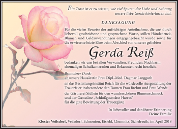 Traueranzeige von Gerda Reiß von Südthüringer Presse