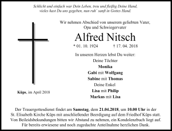 Traueranzeige von Alfred Nitsch von Neue Presse Coburg
