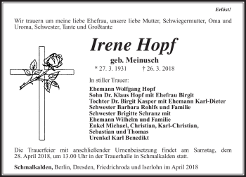 Traueranzeige von Irene Hopf von Südthüringer Presse