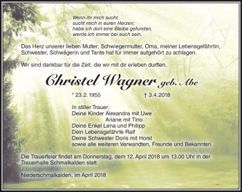 Traueranzeige von Christel Wagner von Südthüringer Presse