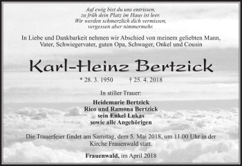 Traueranzeige von Karl-Heinz Bertzick von Südthüringer Presse