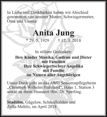 Traueranzeige von Anita Jung von Südthüringer Presse