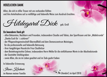 Traueranzeige von Hildegard Dick von Südthüringer Presse