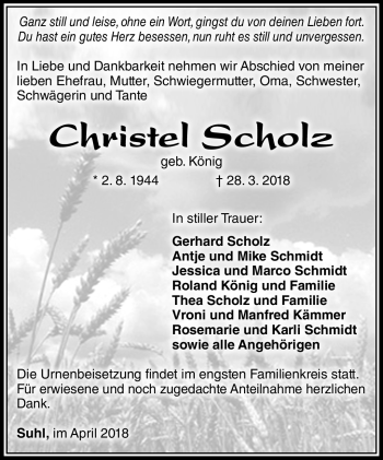 Traueranzeige von Christel Scholz von Südthüringer Presse